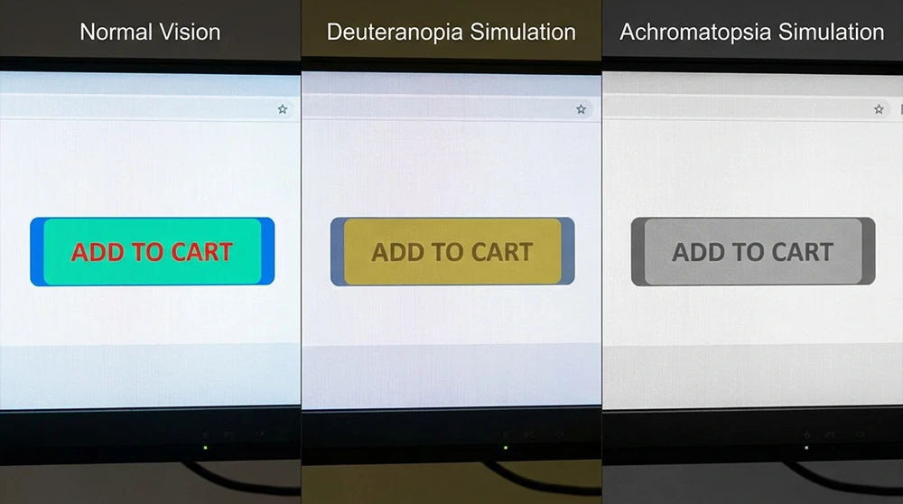 Aynı arayüz öğesinin normal görüş, deuteranopia ve achromatopsia simülasyonlarında nasıl göründüğünü karşılaştıran üçlü ekran görüntüsü.