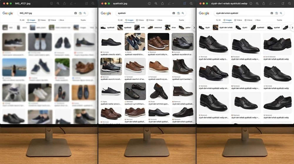 Aynı görselin üç farklı dosya adı versiyonunun Google Görseller arama sonuçlarındaki performans farkını gösteren karşılaştırma: 