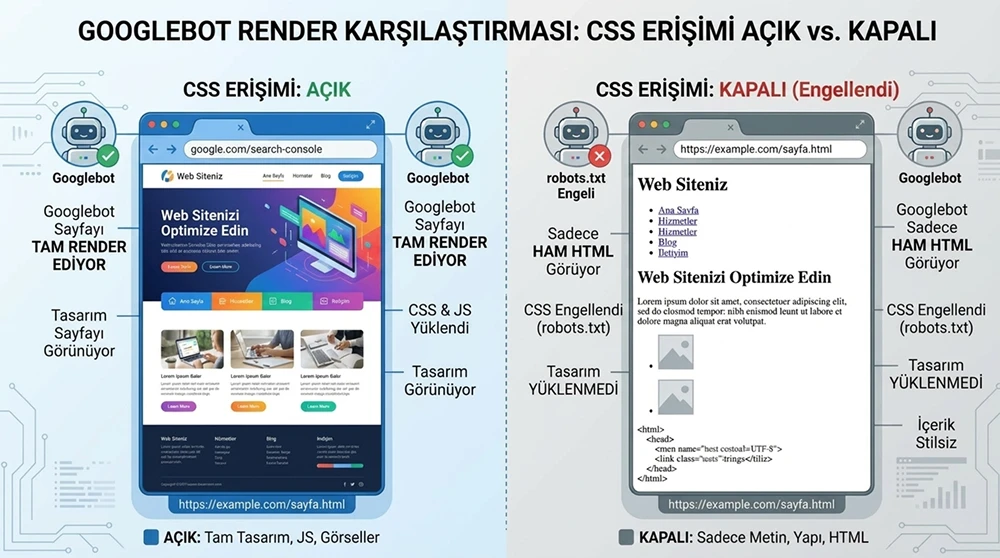 Aynı sayfanın CSS erişimi açık ve kapalıyken Googlebot render çıktılarının yan yana karşılaştırması.