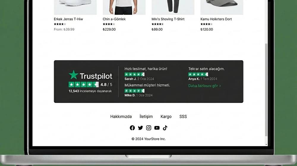 Bir e-ticaret sitesinin footer bölümünde entegre edilmiş Trustpilot widget'ı; yıldız puanı, yorum sayısı ve son yorumların görüntülenmiş hali.