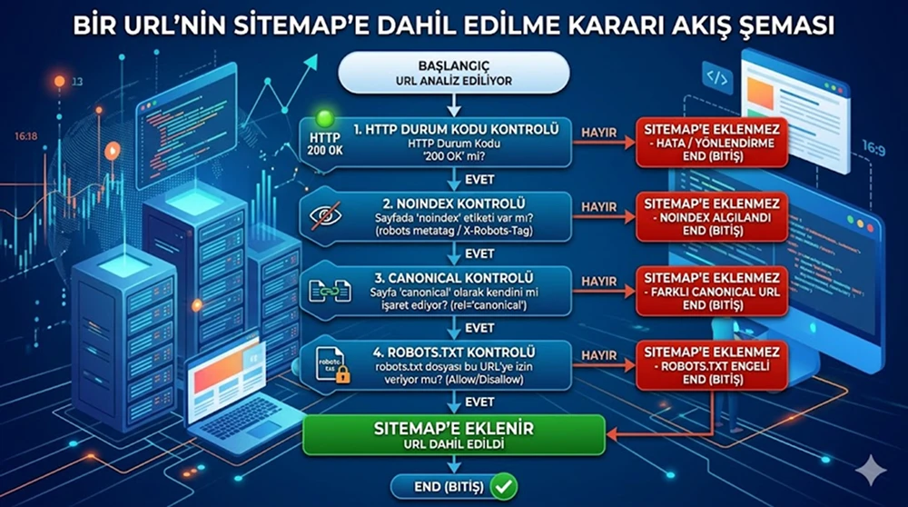 Bir URL'nin sitemap'e dahil edilme kararını gösteren akış şeması (200 kodu, noindex kontrolü, canonical kontrolü, robots.txt kontrolü adımlarıyla).