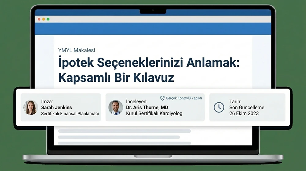 Bir YMYL makalesinin üst kısmında yazar ve inceleyici bilgilerinin konumlandırılmasını gösteren düzen örneği; byline, reviewed by ve tarih alanlarının işaretlenmiş hali.