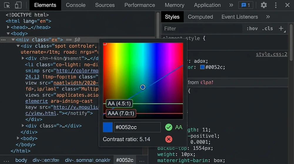 Chrome DevTools renk seçicisinde AA ve AAA kontrast eşik çizgilerini gösteren bir ekran görüntüsü.