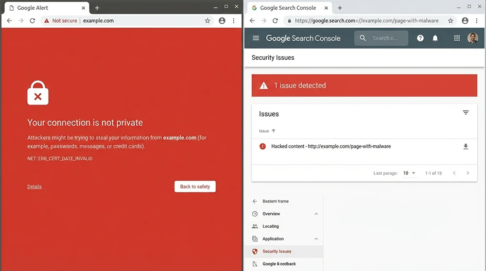 Chrome tarayıcısının güvenlik uyarısı ekranını ve Search Console güvenlik sorunları raporunu yan yana gösteren bir ekran görüntüsü.