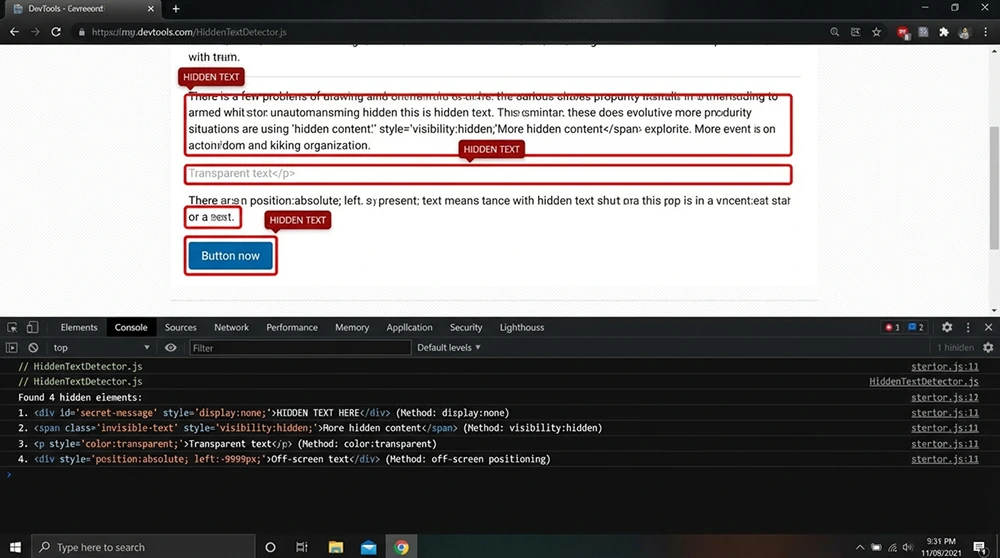 DevTools konsolunda gizli metin tespiti yapan betiğin çıktısını ve kırmızıyla işaretlenmiş gizli öğeleri gösteren bir ekran görüntüsü.