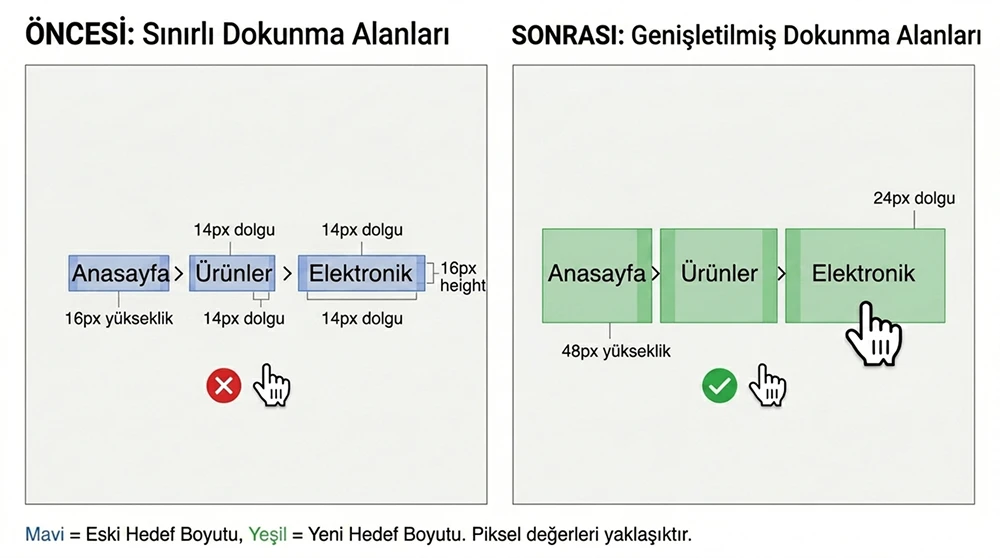Düzeltme öncesi ve sonrası breadcrumb dokunma alanlarını karşılaştıran, hedef boyutları piksel cinsinden gösteren bir şema.