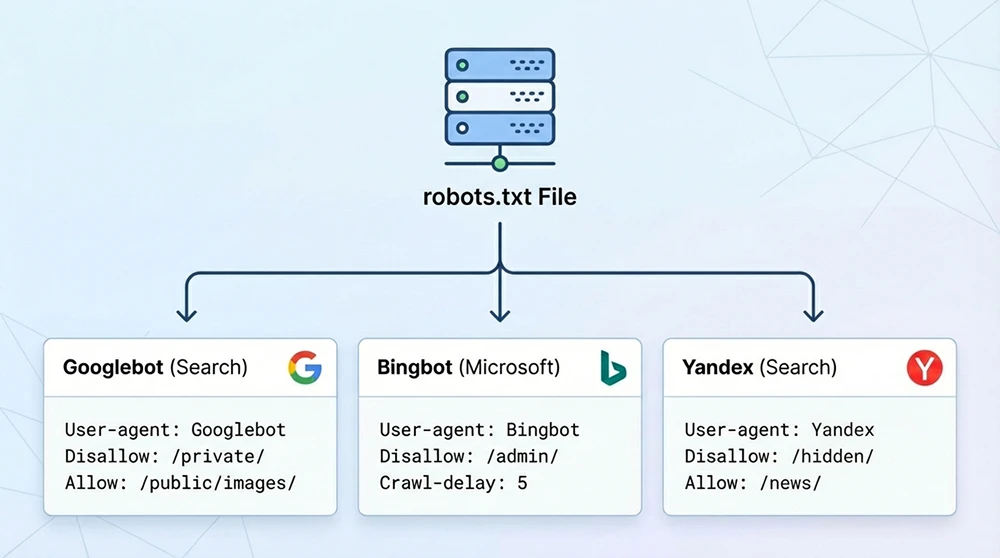 Üç farklı arama motoru tarayıcısı için ayrı robots.txt kurallarını gösteren bir yapılandırma şeması.