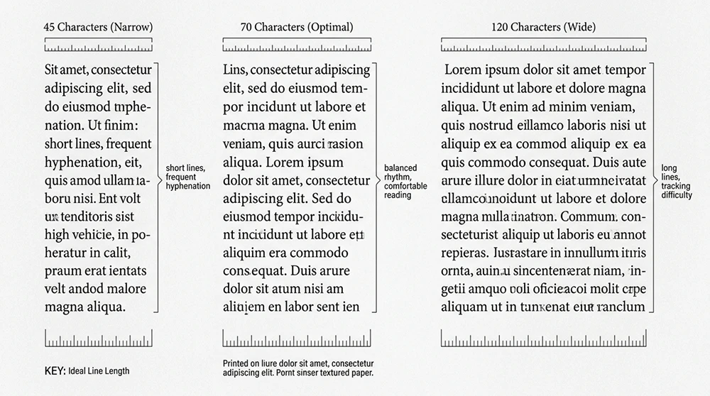 45, 70 ve 120 karakter genişliğindeki üç farklı metin bloğunu karşılaştıran bir tipografi şeması.