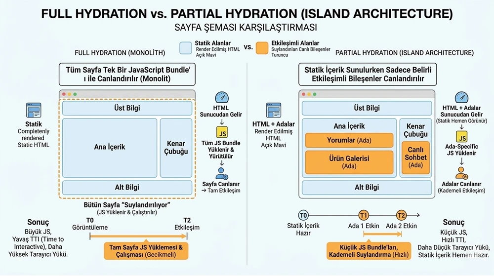  Full hydration ile partial hydration (island architecture) karşılaştırmasını gösteren bir sayfa şeması; etkileşimli ve statik alanlar farklı renklerle işaretlenmiş.