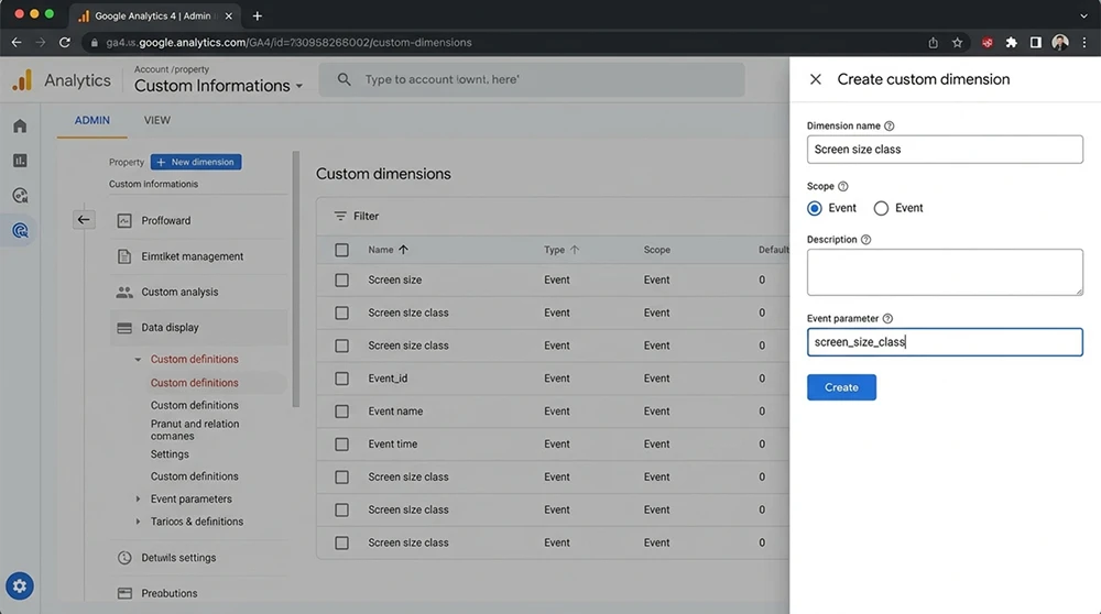 GA4 Yönetici panelinde özel boyut tanımlama ekranını gösteren bir arayüz ekran görüntüsü.