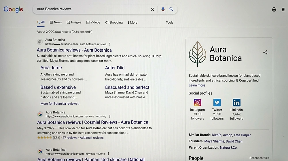 Google arama sonuçlarında bir markanın Knowledge Panel görünümü; logo, açıklama, sosyal profiller ve ilişkili entity'lerin işaretlenmiş hali.