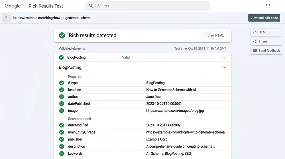 Google Rich Results Test aracında BlogPosting schema'sının başarıyla doğrulandığı ekran görüntüsü; zorunlu ve önerilen alanların yeşil onay işaretleriyle gösterilmesi.