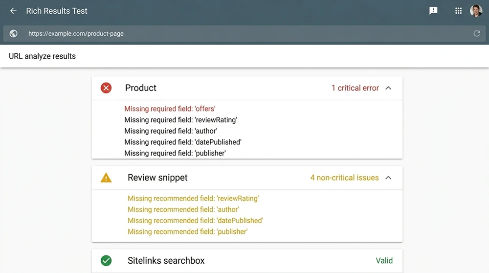 Google Rich Results Test aracında hata, uyarı ve geçerli durumlarının farklı renklerle gösterildiği ekran görüntüsü; zorunlu alan eksikliği ve önerilen alan uyarısının karşılaştırmalı gösterimi.