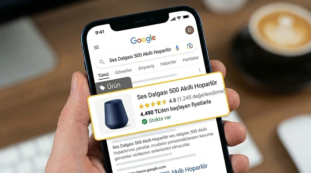 Google SERP'te Product zengin sonuç görünümü; yıldız puanı, değerlendirme sayısı, fiyat ve stok durumu bilgilerinin işaretlenmiş hali.