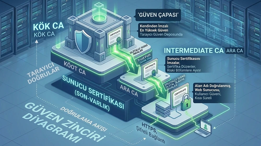 Root CA, Intermediate CA ve sunucu sertifikası arasındaki güven zincirini gösteren üç katmanlı bir diyagram.