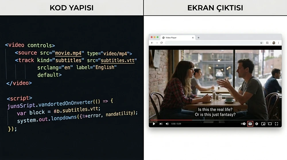 HTML5 video player'da altyazı track entegrasyonunun kod yapısını ve ekran çıktısını gösteren yan yana görsel; sol tarafta kod, sağ tarafta altyazılı video player.