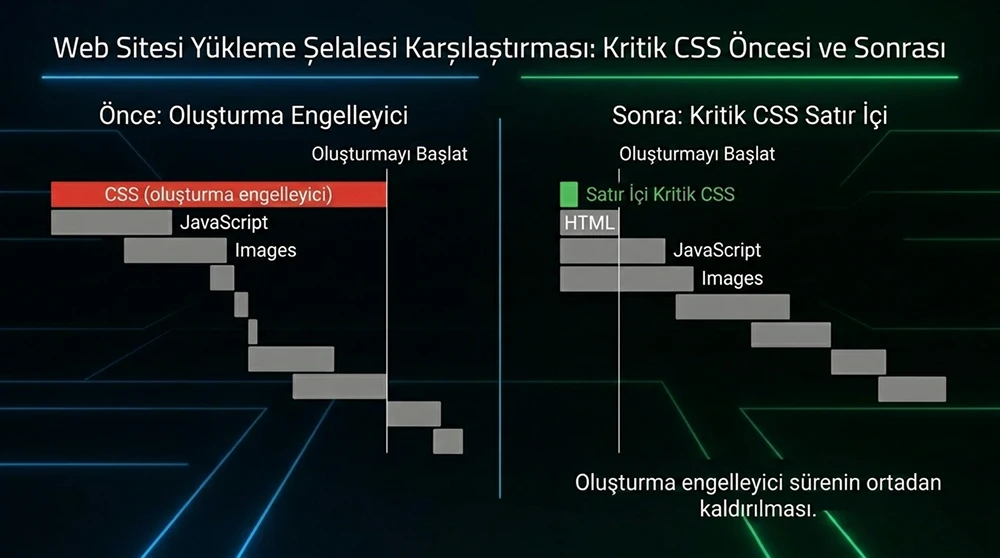Kritik CSS inline uygulanmadan önceki ve sonraki waterfall diyagramı karşılaştırması; render-blocking sürenin ortadan kalkışı.