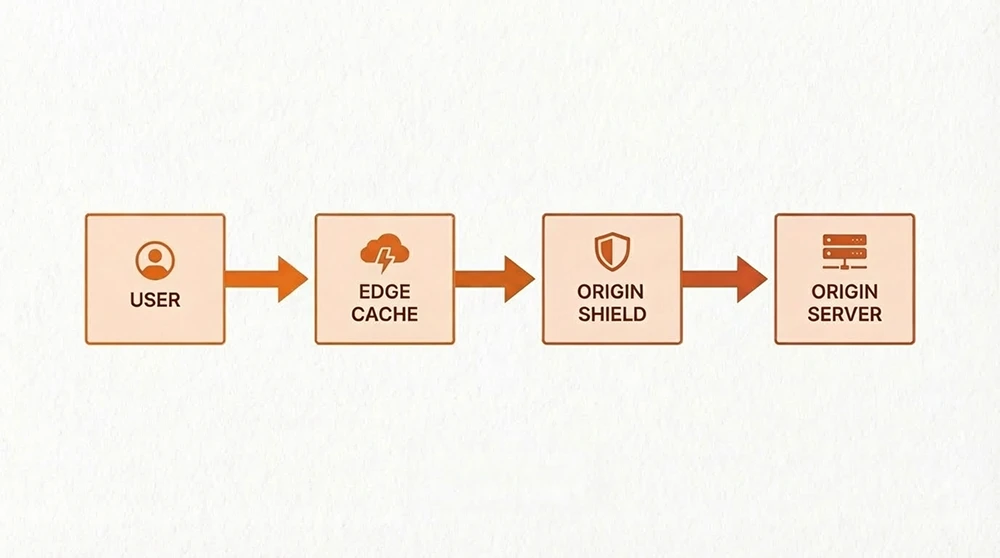 Kullanıcı > Edge Cache > Origin Shield > Origin Sunucu katmanlı mimarisini gösteren akış diyagramı