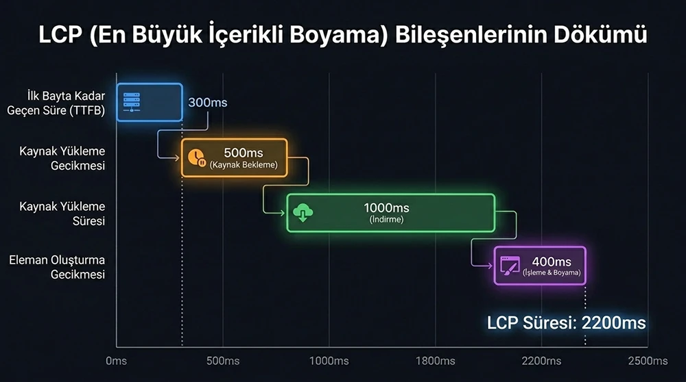 LCP süresinin dört bileşenini (TTFB, resource load delay, resource load time, element render delay) gösteren waterfall diyagramı.