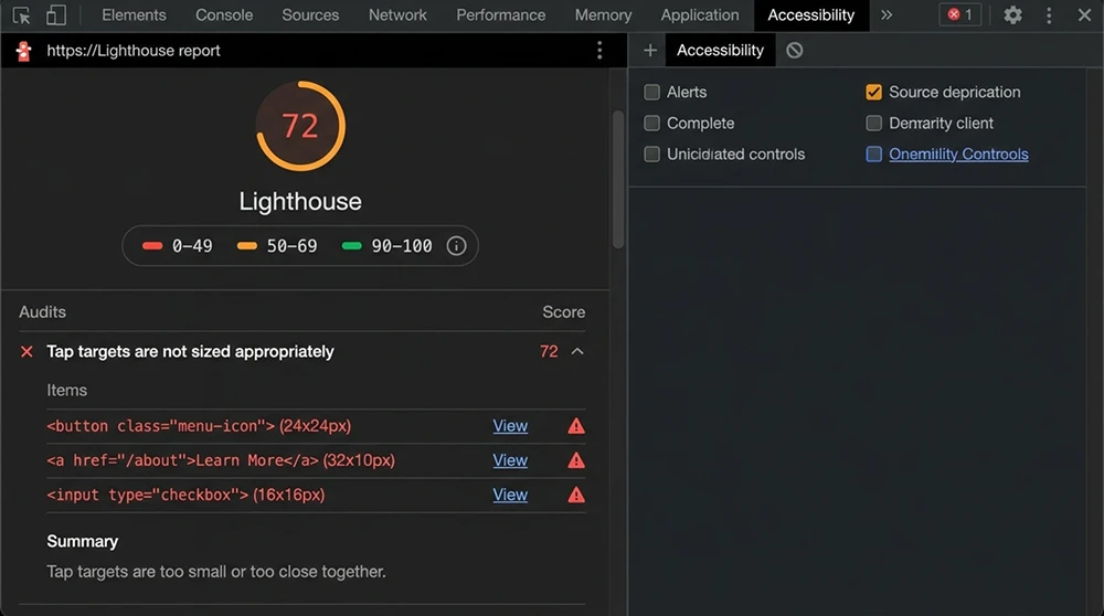Lighthouse raporunda tap target denetim sonucunu gösteren, başarısız öğelerin kırmızıyla işaretlendiği bir ekran görüntüsü.