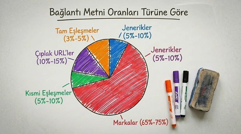 Marka, naked URL, generic, partial match ve exact match anchor oranlarını gösteren bir pasta grafik şeması.