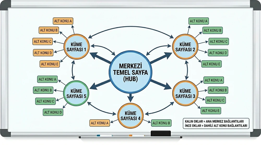 Merkezdeki pillar page'den cluster pages'e uzanan hub-spoke diyagramı; her spoke'un kendi alt konularını ve internal link yönlerini gösteren yapısal şema.