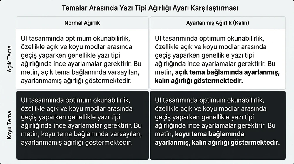 Aynı metin bloğunun açık tema ve koyu temada, font-weight düzeltmesi yapılmış ve yapılmamış hallerini karşılaştıran bir ekran görüntüsü.