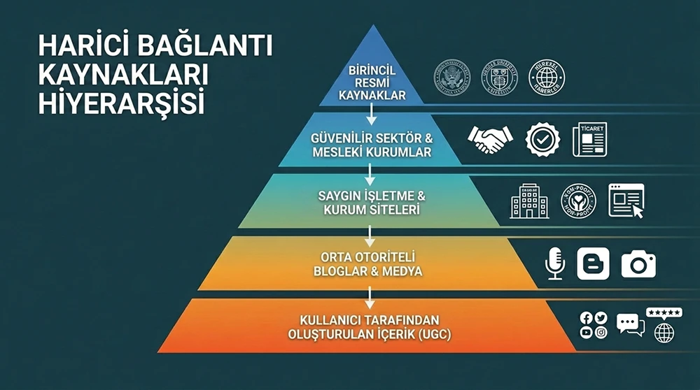 Outbound link kaynak hiyerarşisini gösteren piramit diyagramı; birincil resmi kaynaklar tepede, kullanıcı üretimli içerikler tabanda.