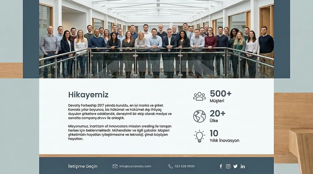 Profesyonel bir hakkımızda sayfası düzeni; ekip fotoğrafı, kuruluş hikayesi, sayısal metrikler ve iletişim bilgilerinin konumlandırılması.