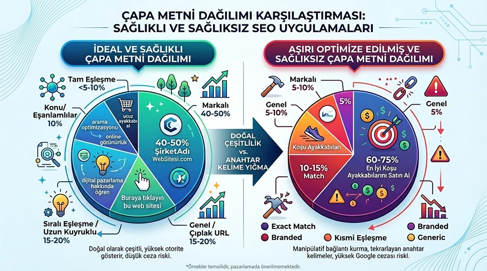 Sağlıklı ve sağlıksız anchor text dağılımını gösteren iki pasta grafik karşılaştırması; ideal dağılım oranları ve over-optimized dağılım farkı.