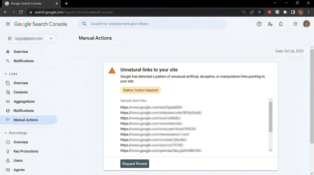 Search Console Manuel İşlemler sayfasında 