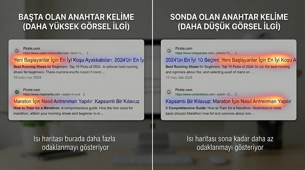 SERP'te iki farklı title yapısının yan yana karşılaştırması; anahtar kelimesi başta olan ve sonda olan sonuçların görsel dikkat farkını gösteren örnekler.