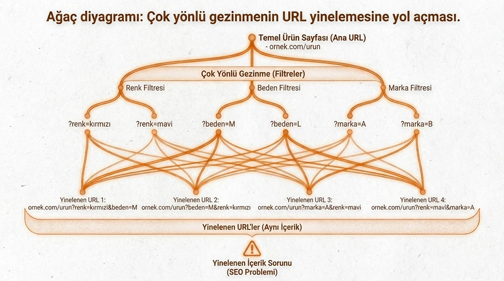 Faceted navigation'ın URL çoğalmasına nasıl yol açtığını gösteren bir ağaç diyagramı.