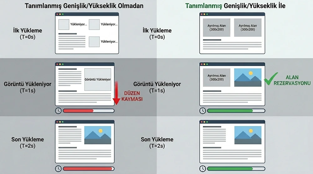 Width/height tanımlı ve tanımsız görsellerin sayfa yüklenmesi sırasındaki layout davranış farkını gösteren zaman serisi karşılaştırması; alan rezervasyonu ve layout shift animasyonu.