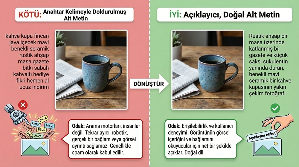 İyi ve kötü alt text örneklerinin yan yana karşılaştırması; keyword stuffing yapılmış alt text ile betimleyici doğal alt text farkı.