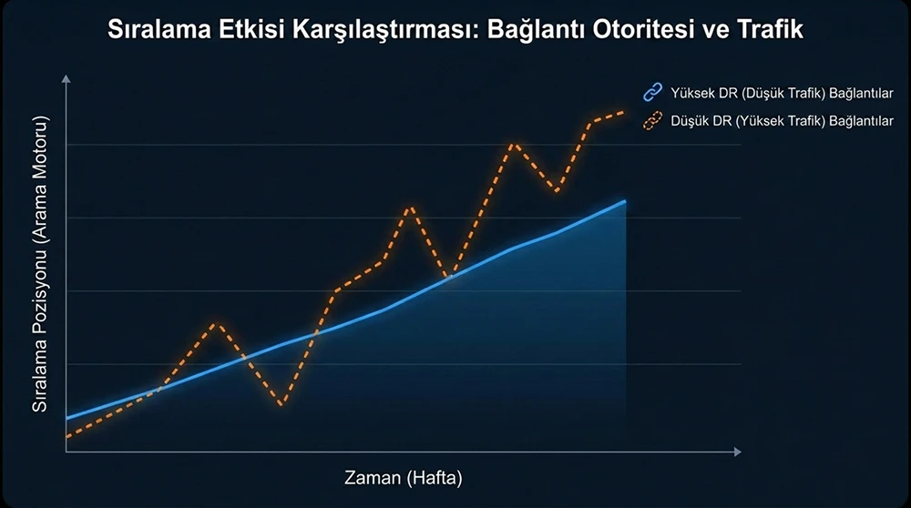 Yüksek DR-düşük trafik ve düşük DR-yüksek trafik sitelerinden gelen bağlantıların sıralama etkisini karşılaştıran performans grafiği.